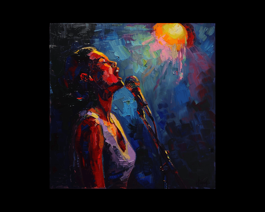 A woman singing into a microphone in an impressionist oil painting style.