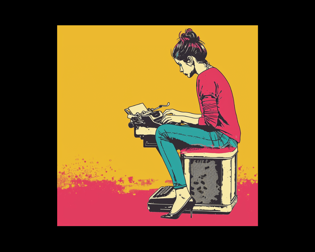 A woman sitting on a stool as she types on a floating typewriter in pop art style.