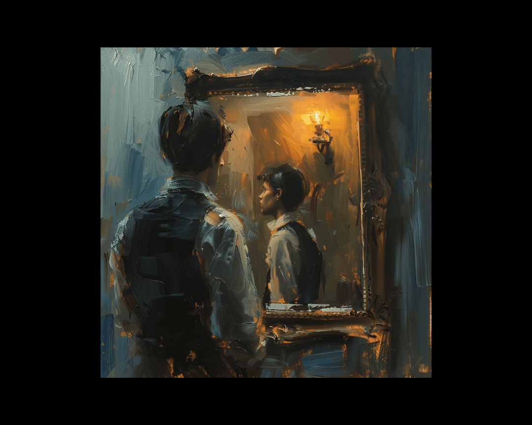 A character looking in a mirror in an impressionist oil painting style.