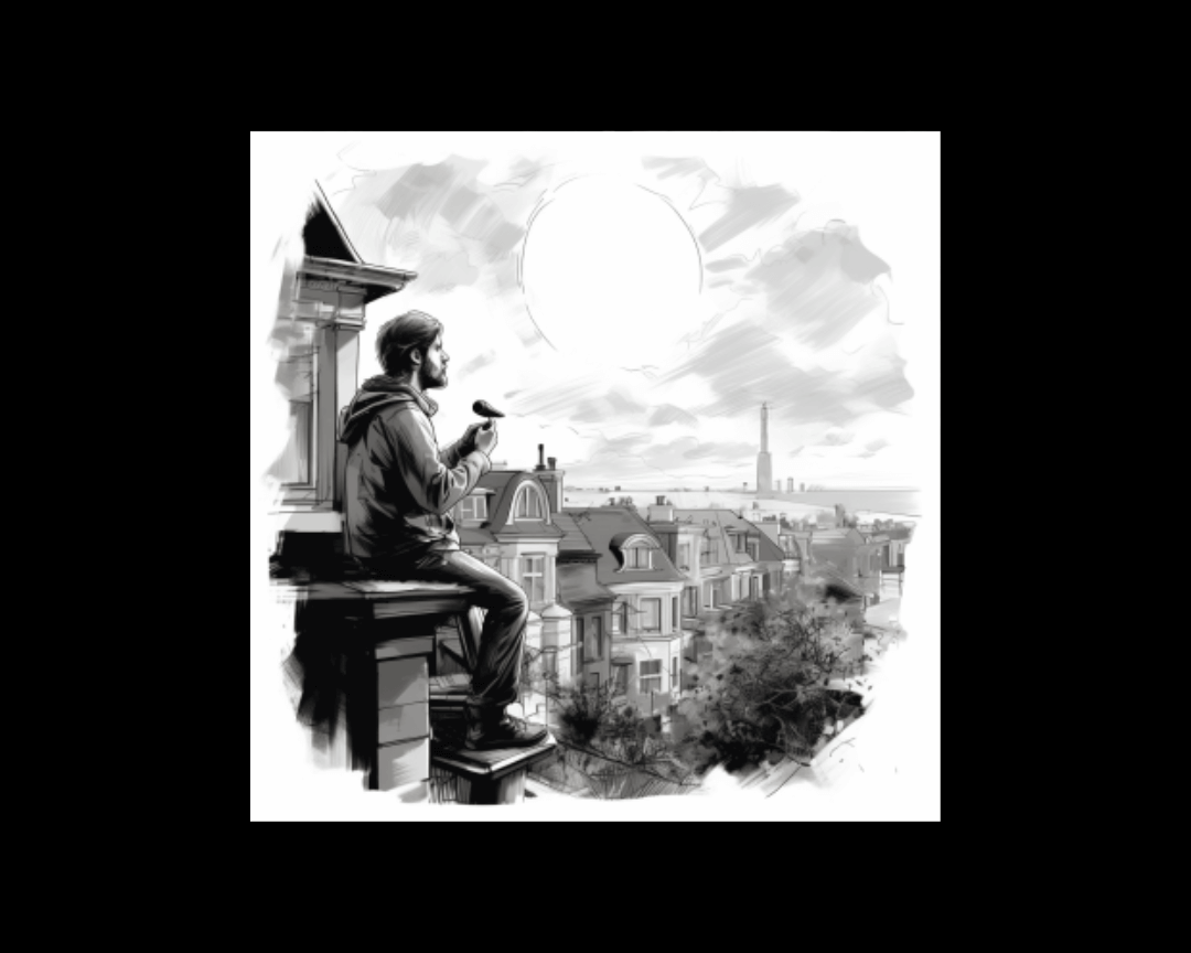 man with a telescope outside a window