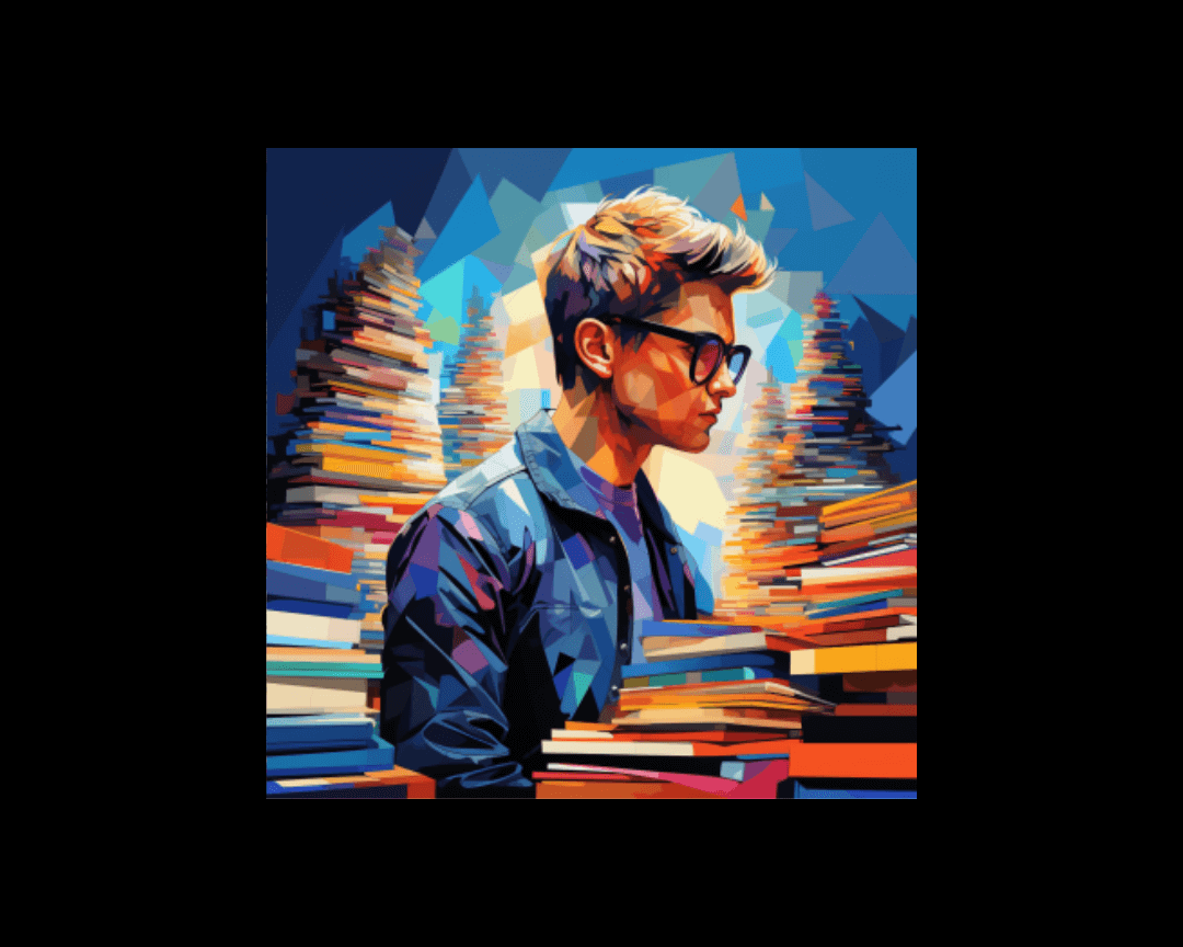 man sitting by a stack of books wpap style