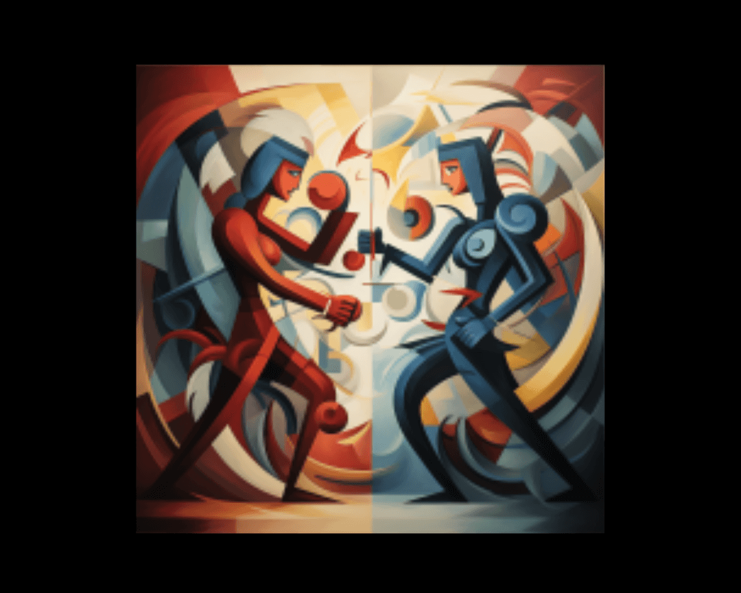 two people fighting cubism style