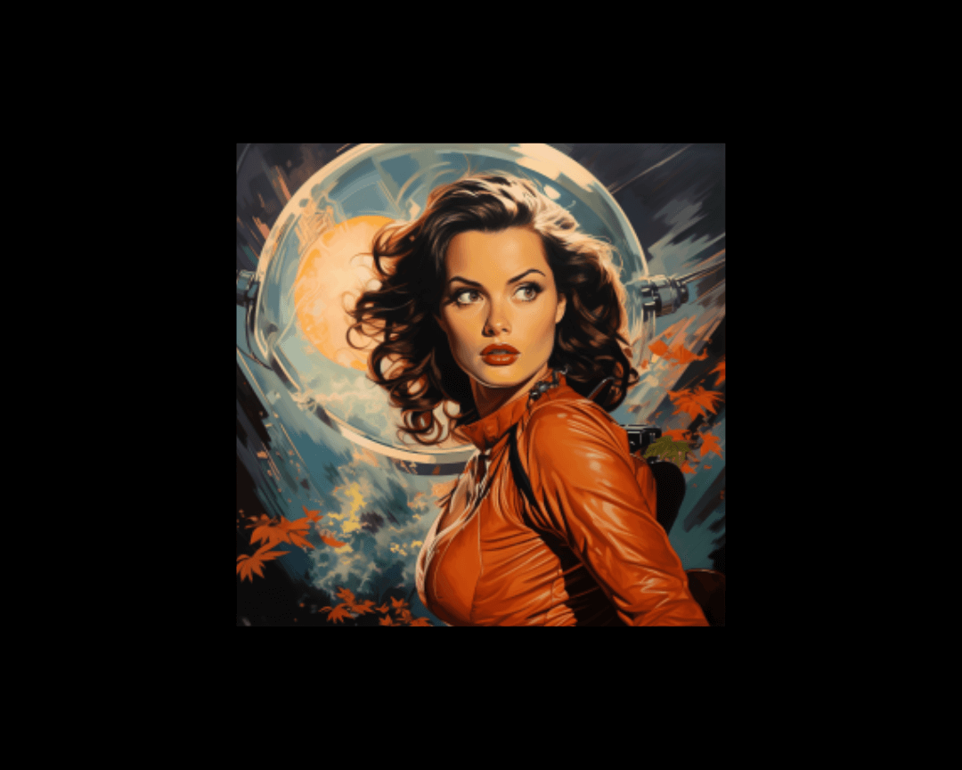 Pop art style image of woman with brown hair in a science fiction scene.