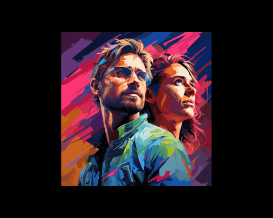 A man and woman staring off into the distance together, in WPAP style.