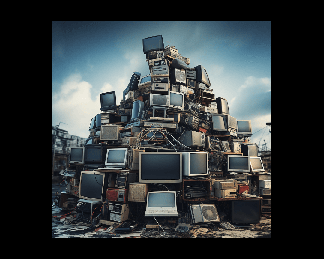 A stack of computers in a dystopian style.