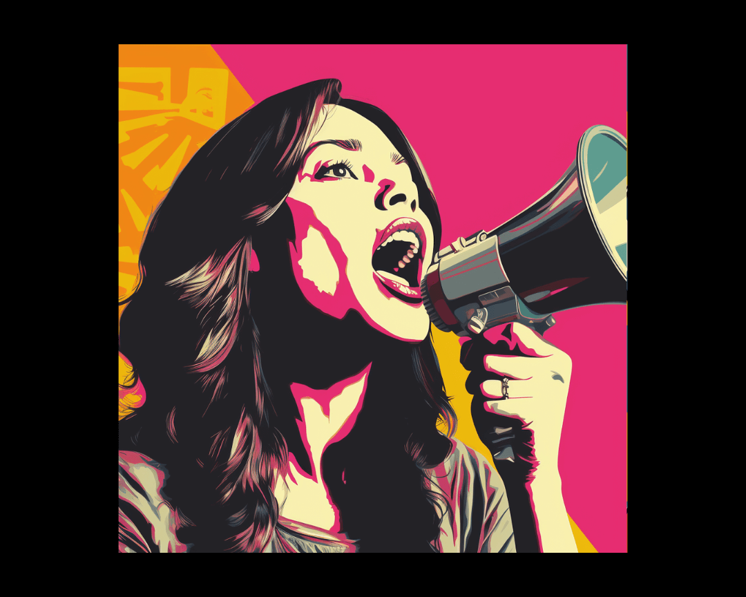 A woman using a megaphone pop art style