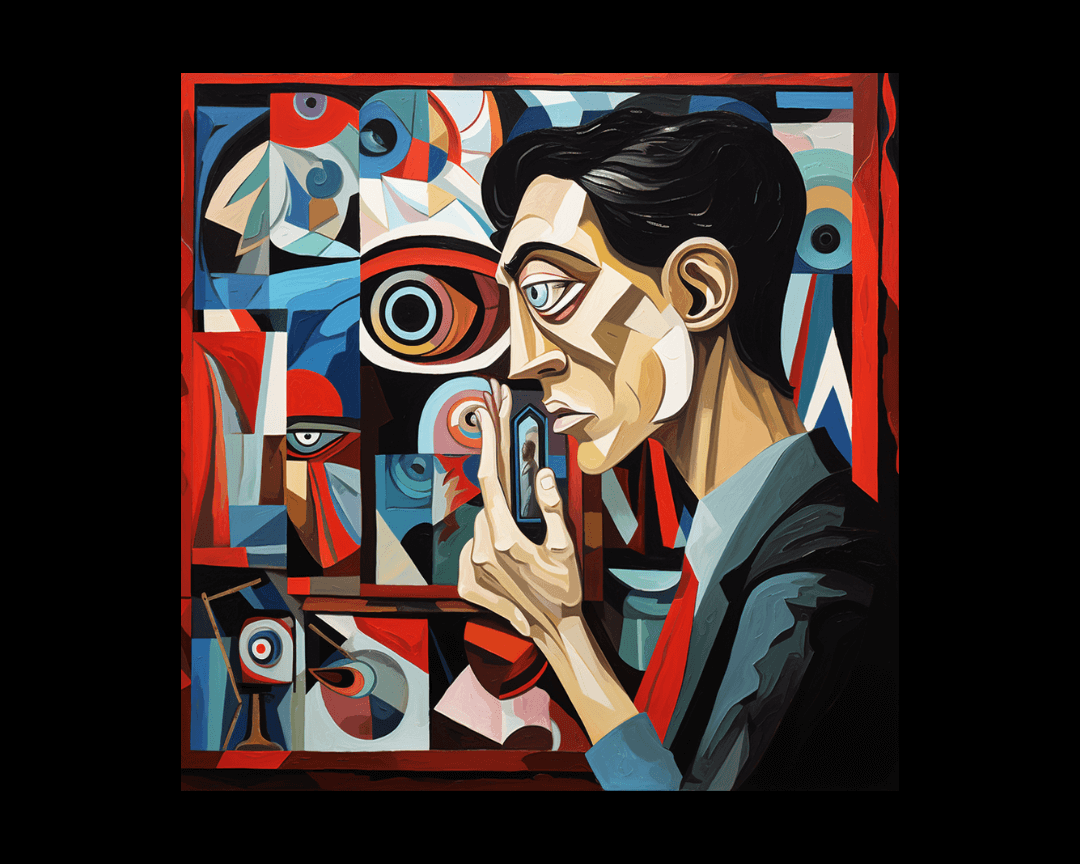 A man searching through pictures, cubism style. 