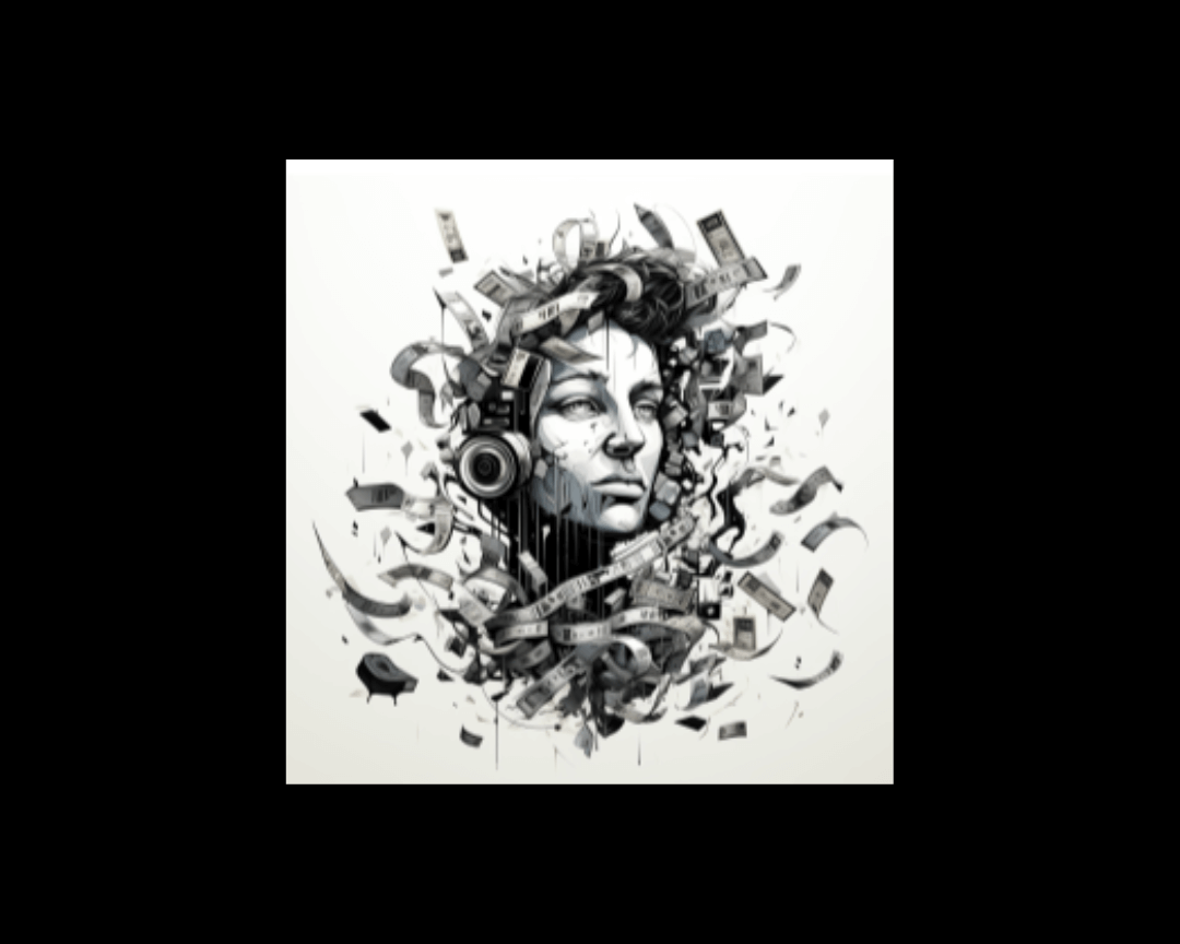 Image of woman surrounded by money in a black and white abstract sketch style.