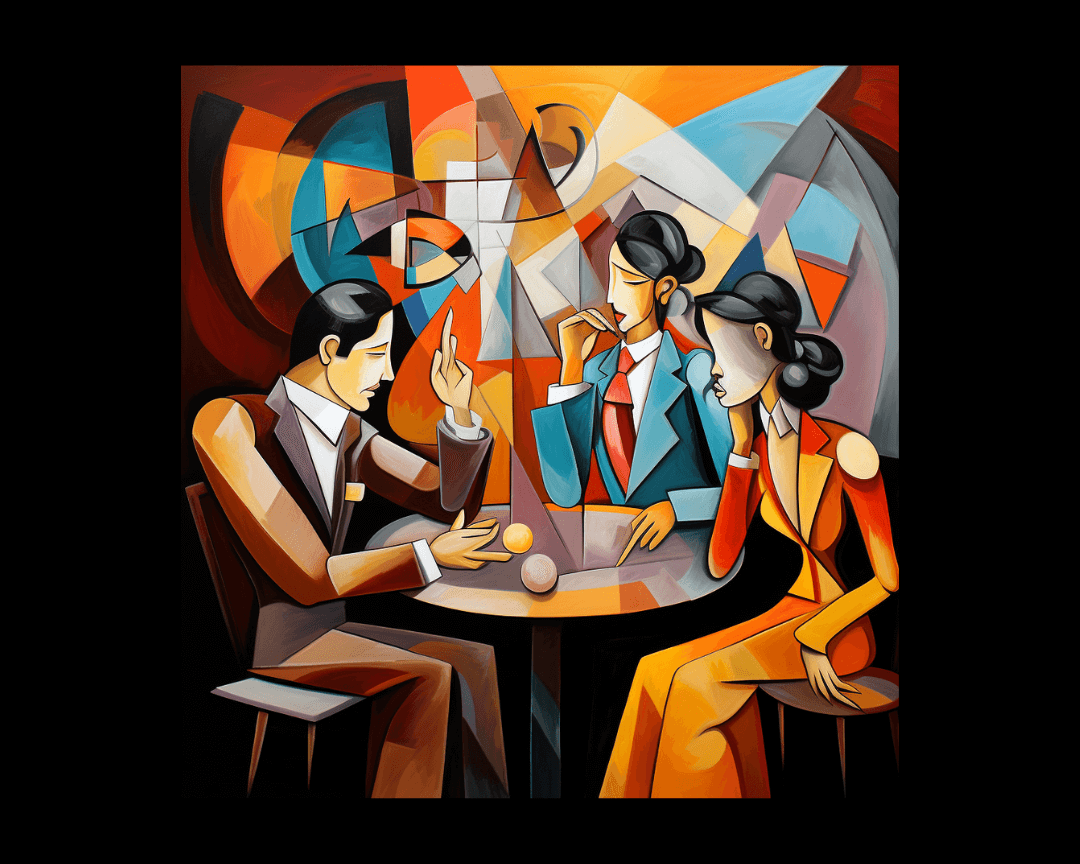 The people at a table, cubism style.