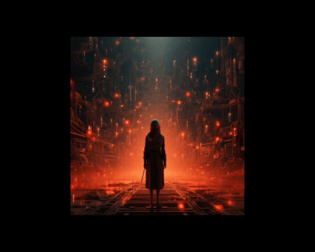 Young woman standing on train tracks surrounded by warm light in a city, in a dystopian art style.