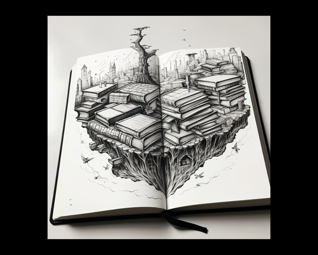 A book with an illustration, black and white sketch style.