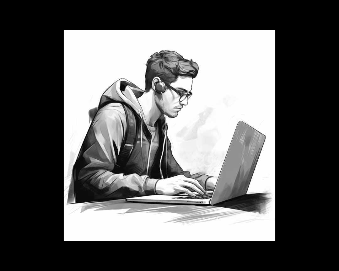 A man on a computer, sketch book style.