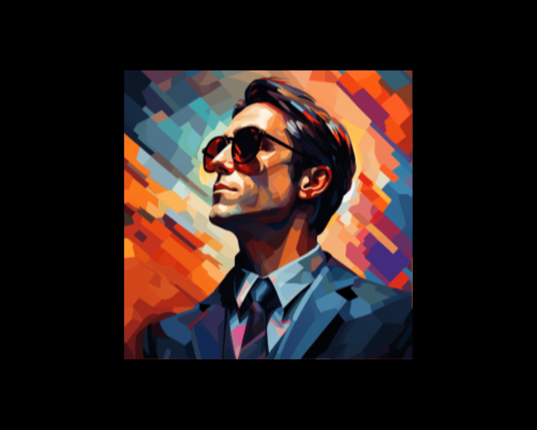 Man looking up to the left in a suit and sunglasses in WPAP art style.