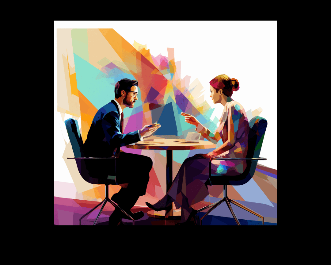 Two people talking seated at a table, WPAP style.