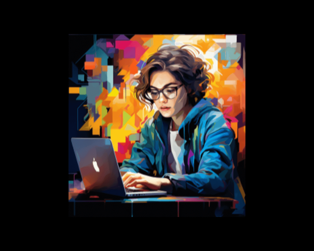 Short-haired girl on computer answering emails in WPAP art style.