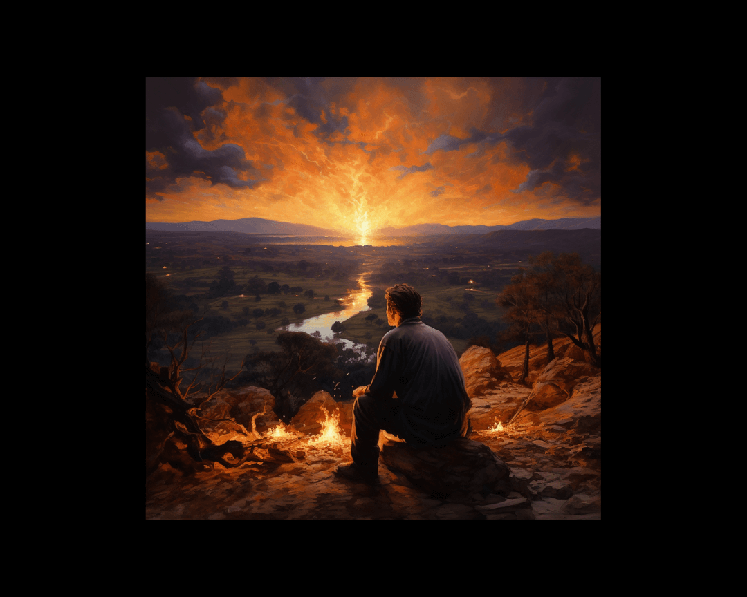 A person near a fire, landscape painting style.