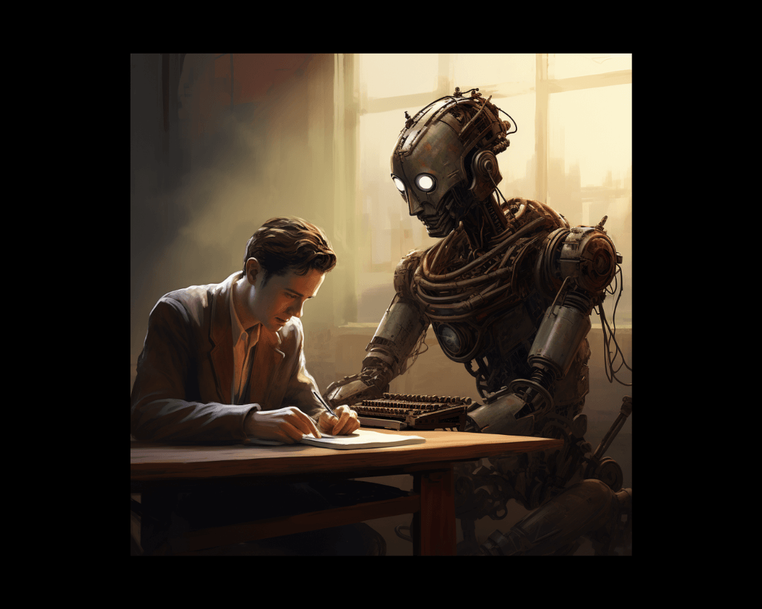 A robot helping a man write, dystopian style.