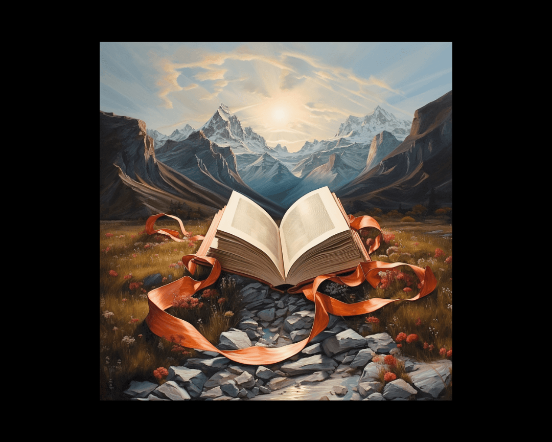 a book unraveling in a landscape style.