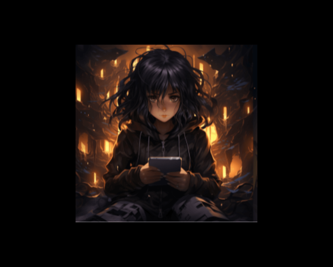 Young girl on a cell phone in a dark edgy anime style.