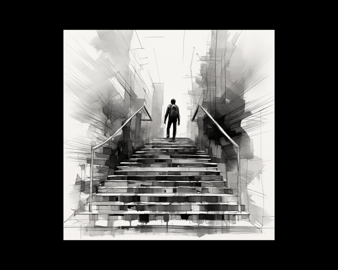 A person walking up stairs, black and white sketch style. 