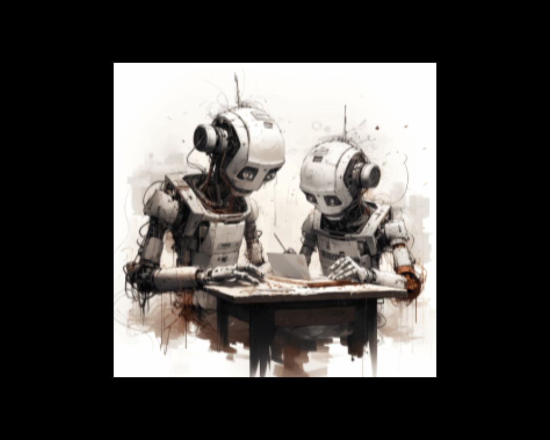 Two robot writing assistants sitting at a table together in abstract black and white sketch style.