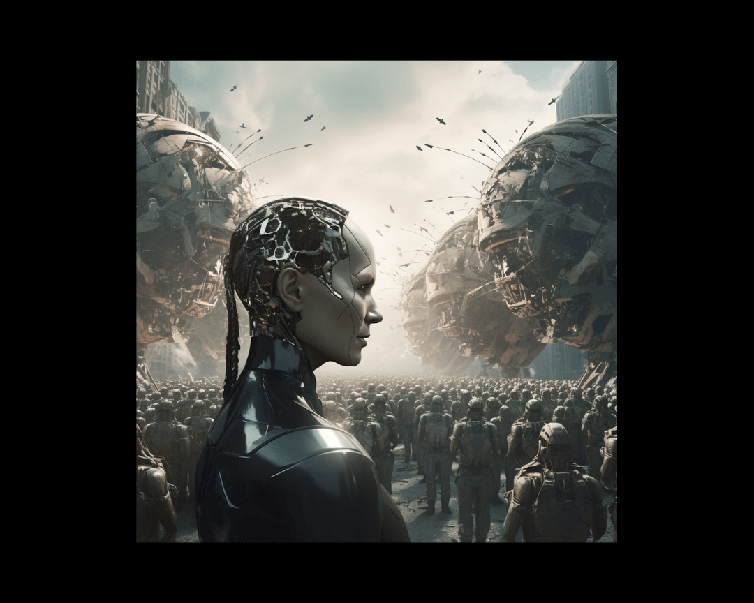 Robot and a crowd, dystopian style.