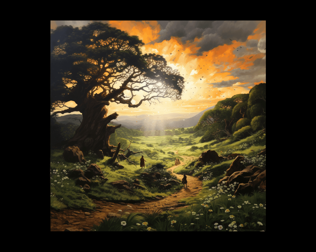A landscape painting of a wooded path. 