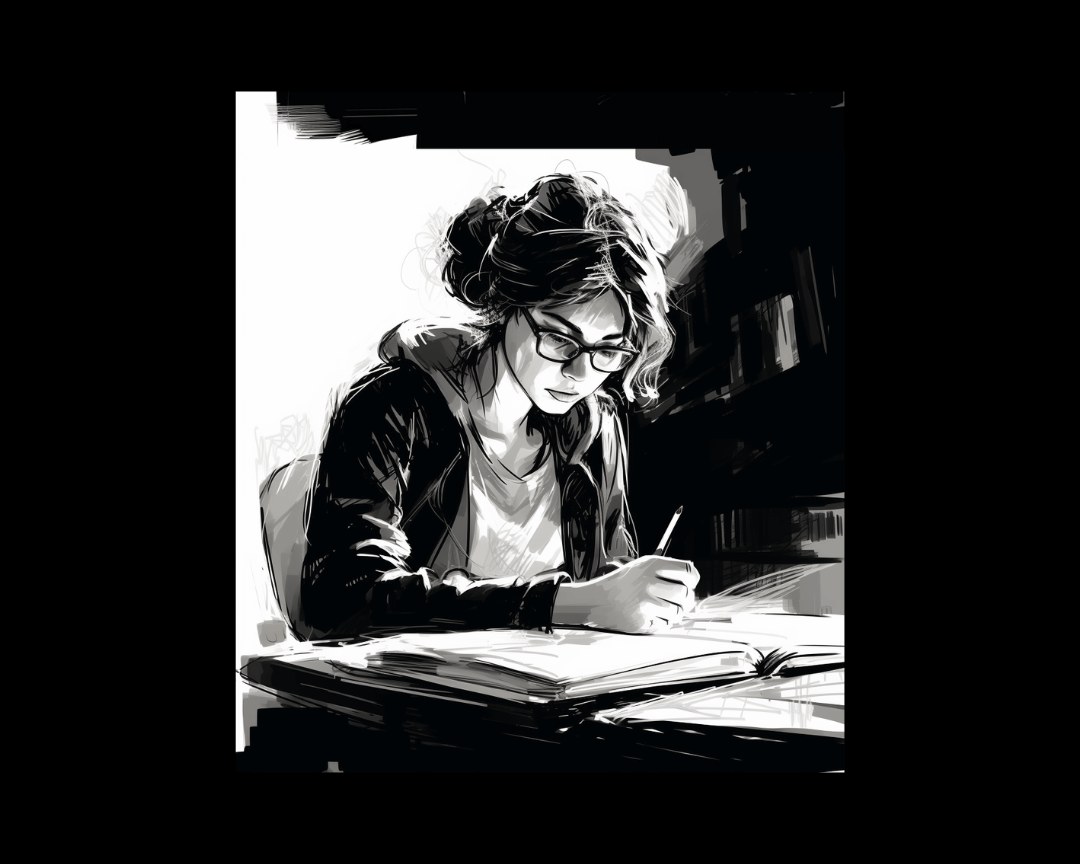 A woman at a desk, black and white sketch style.