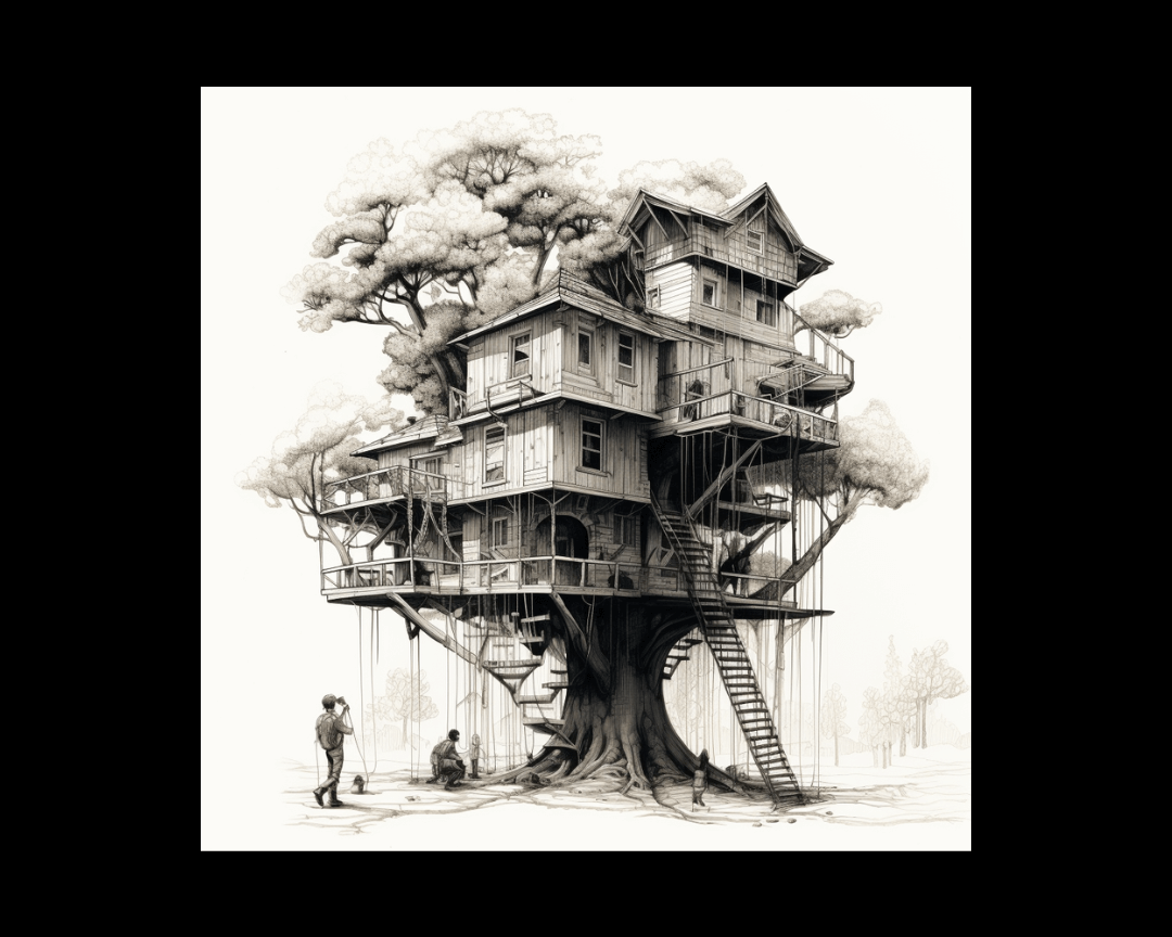 A treehouse, black and white sketch style.