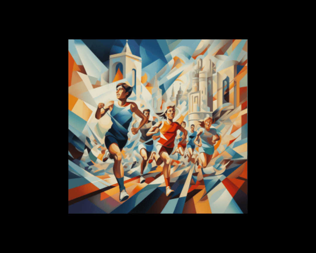 People competing in a race drawn in cubism style.