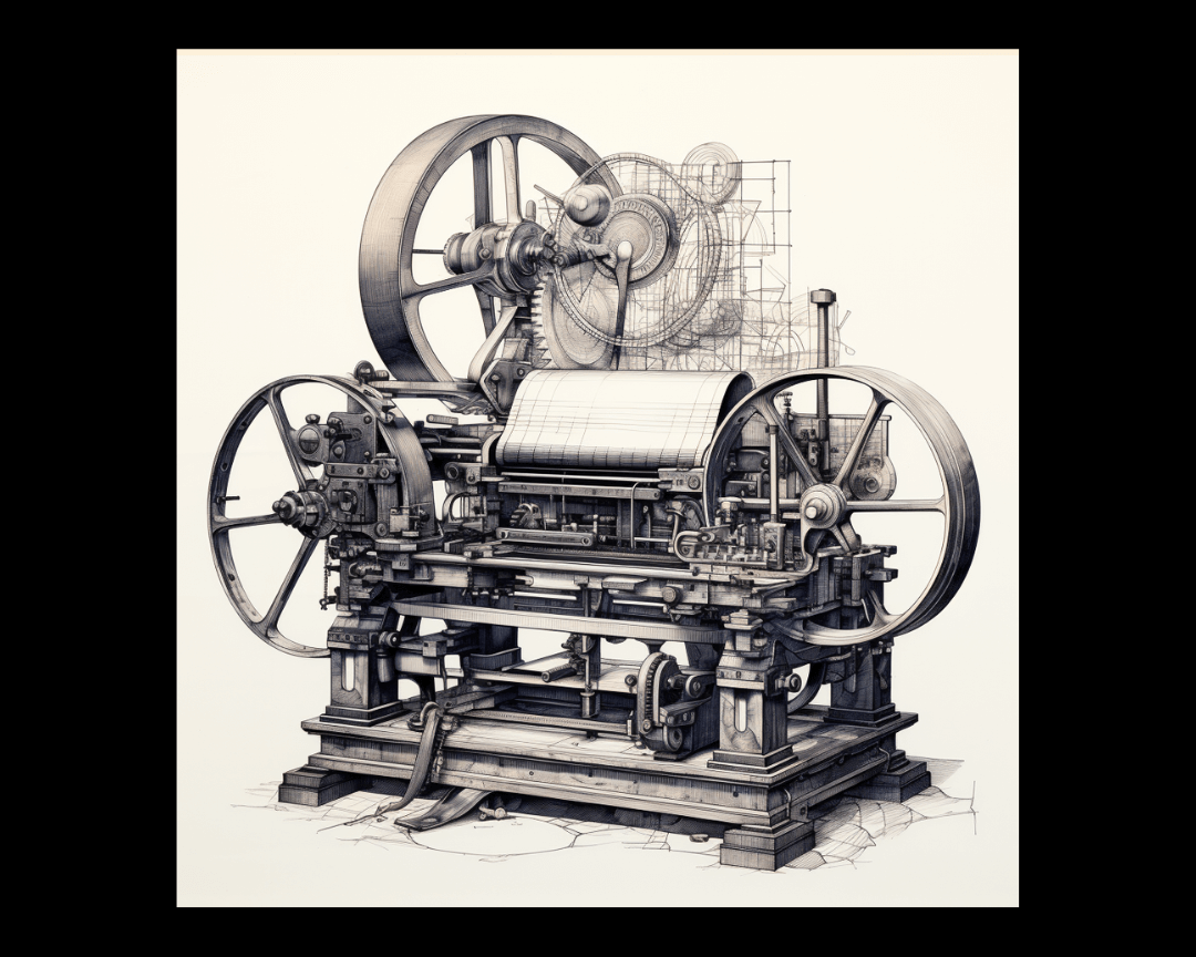 A printing press sketchbook style
