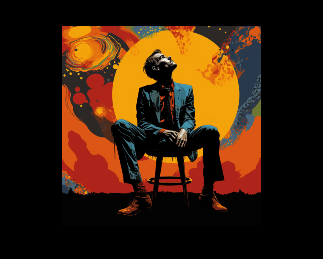 man sitting in front of a large moon pop art style