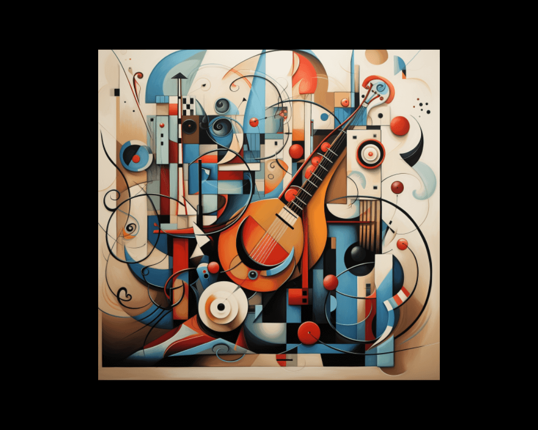 collage of musical instruments cubism style