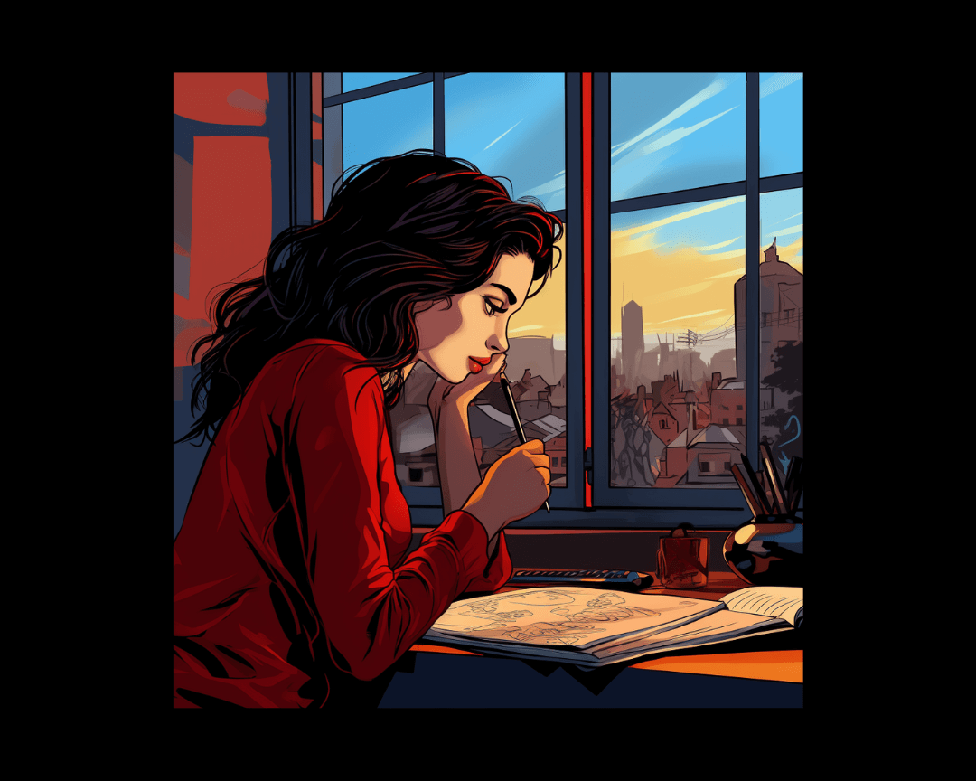 A girl writing near a window pop art style