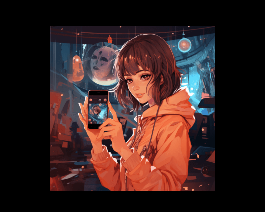 girl looking at phone anime style