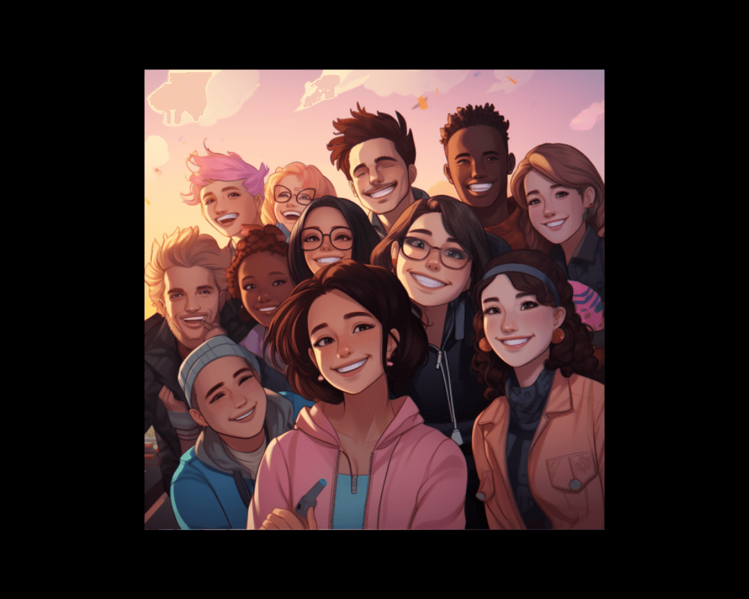 group of people smiling anime style