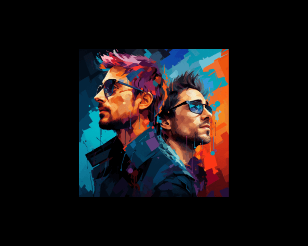 Image of two men looking off into the distance in WPAP art style.