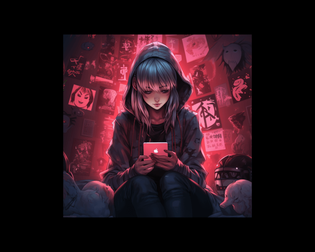 girl using an iphone anime style