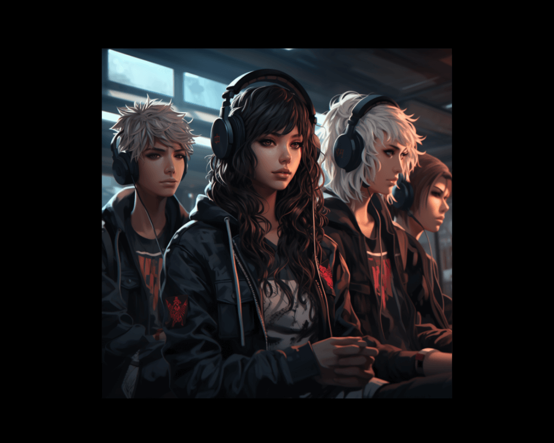 group of teens listening to music anime style