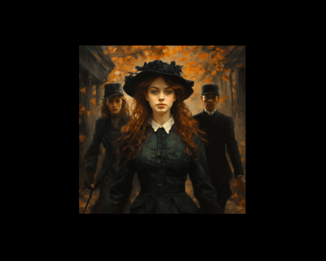 Young woman being followed by two people in a Victorian-era impressionistic art style.